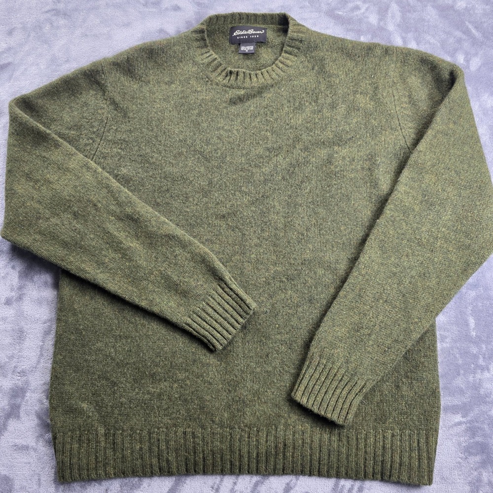 Eddie Bauer Sweater Mens M Green Lambswool Crewneck Knit Ribbed Pullover